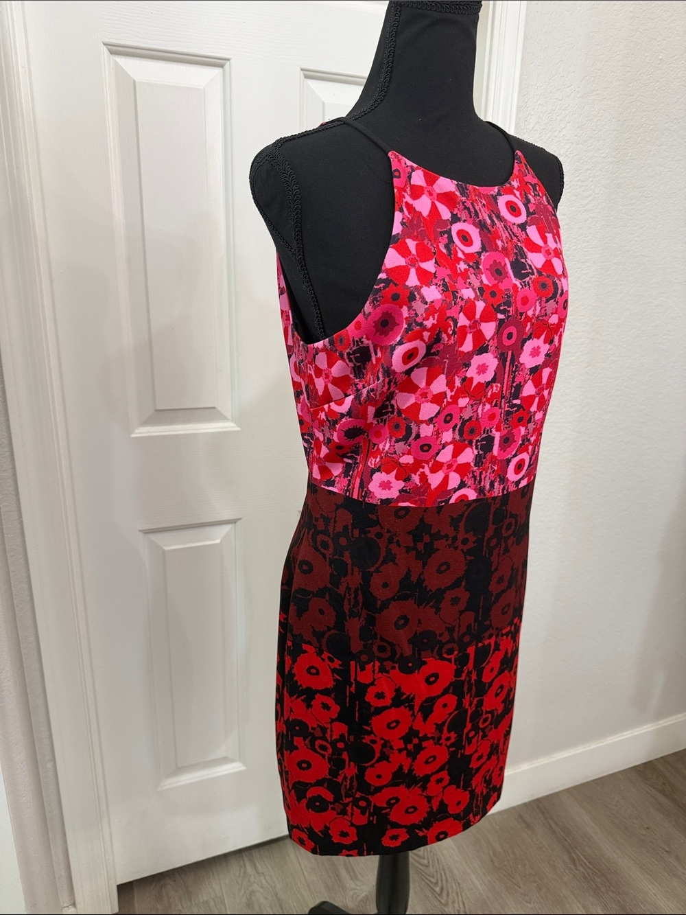 Badgley Mischka Pink and Red Floral Halter Sheath Dress - Picture 4 of 6